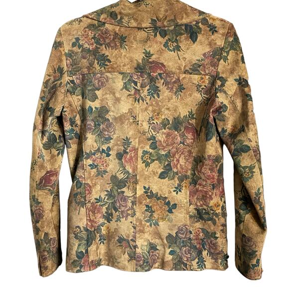 Vintage 90s Kate Hill Floral Leather Jacket – Size 4 Tan Rose Pattern Suede feel - Picture 5 of 14